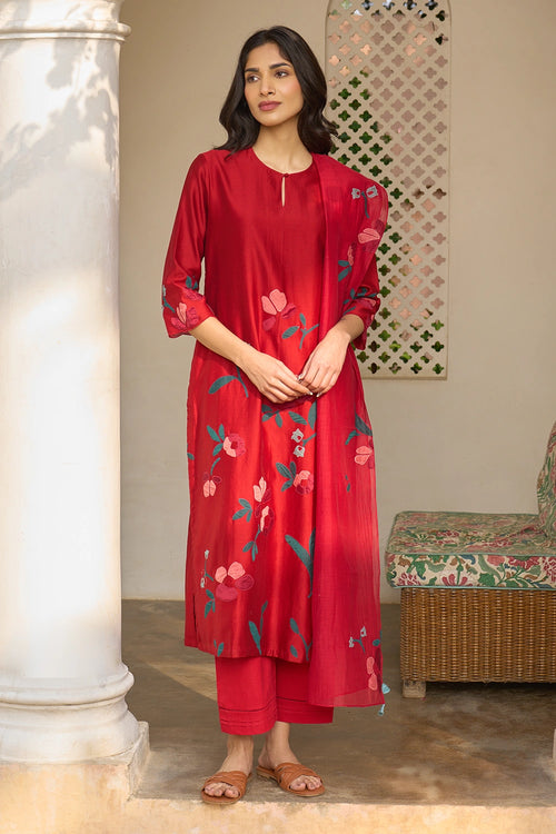 Cherry Red Applique Kurta Set