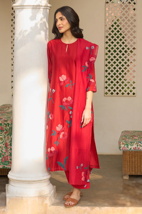 Cherry Red Applique Kurta Set