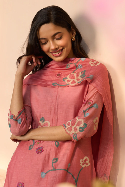 Hibiscus Applique Kurta Set with Dupatta