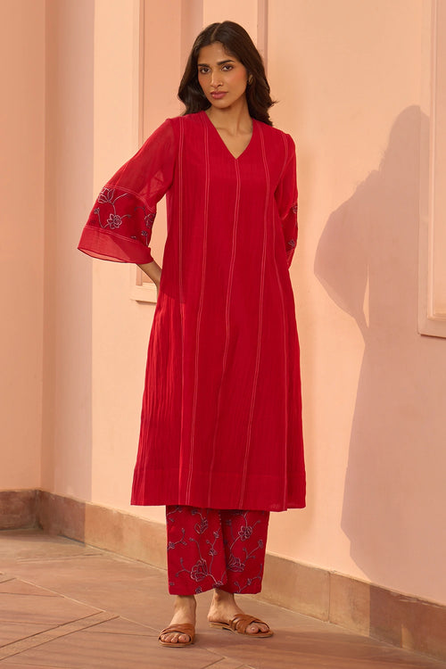 Cherry Red Embroidered
 Co-ord Set