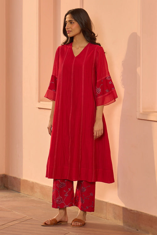 Cherry Red Embroidered
 Co-ord Set