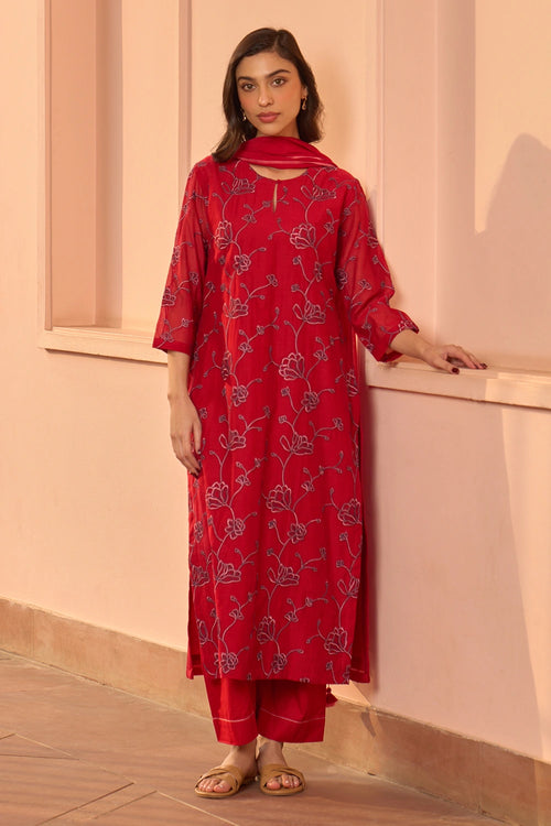 Cherry Red Embroidered Kurta Set