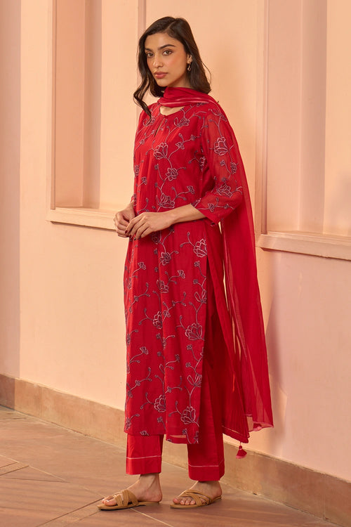 Cherry Red Embroidered Kurta Set