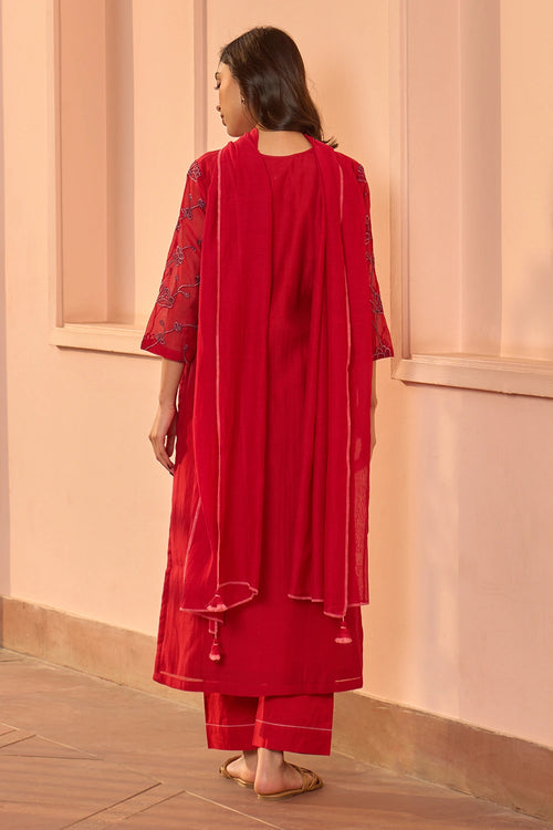 Cherry Red Embroidered Kurta Set