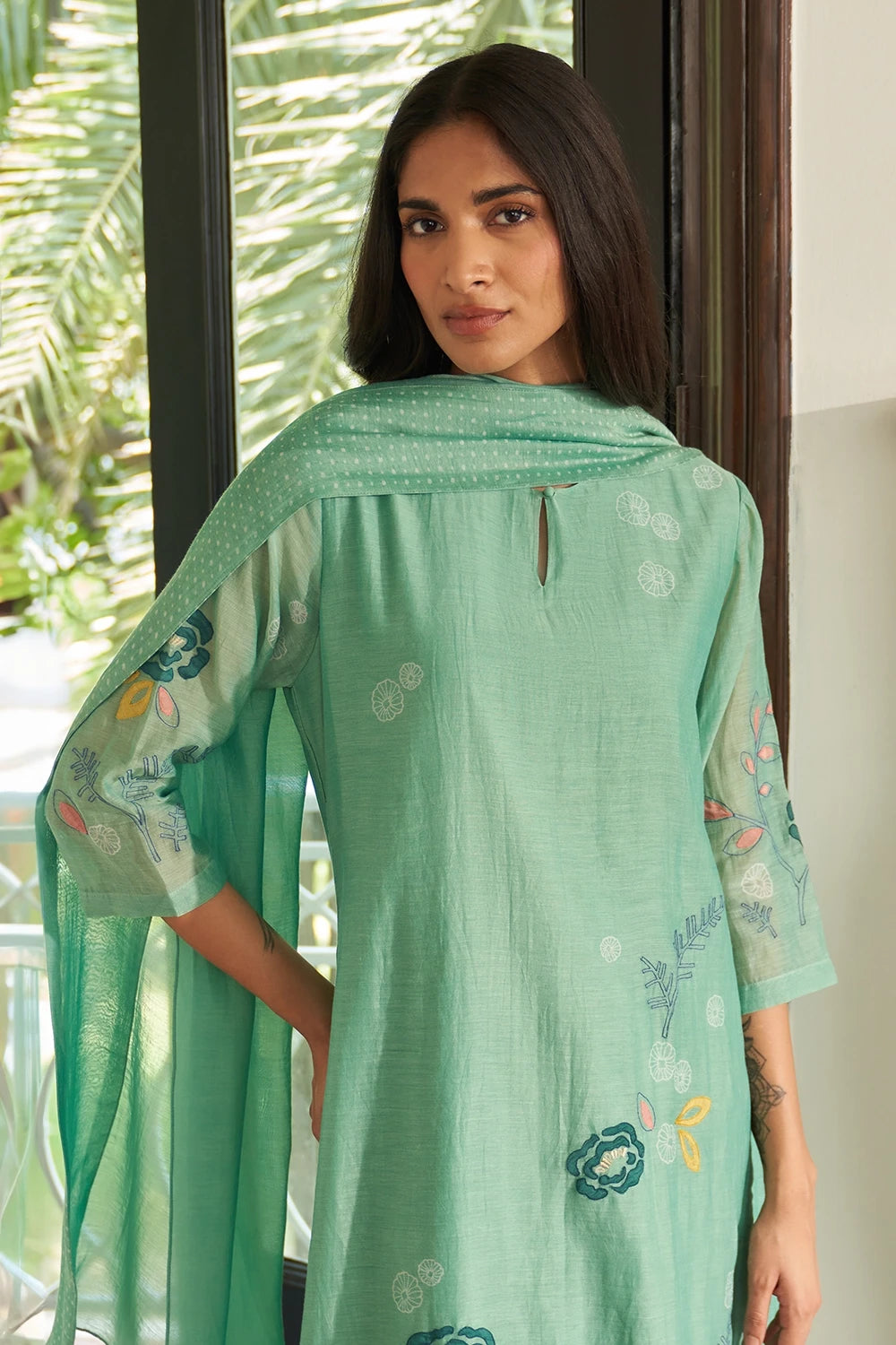 Mint Floral Applique and Threadwork Kurta Set