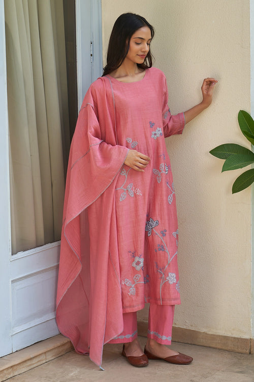 Peony Applique Embroidered Kurta Set