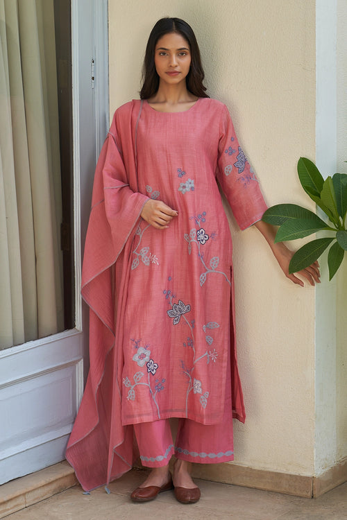Peony Applique Embroidered Kurta Set