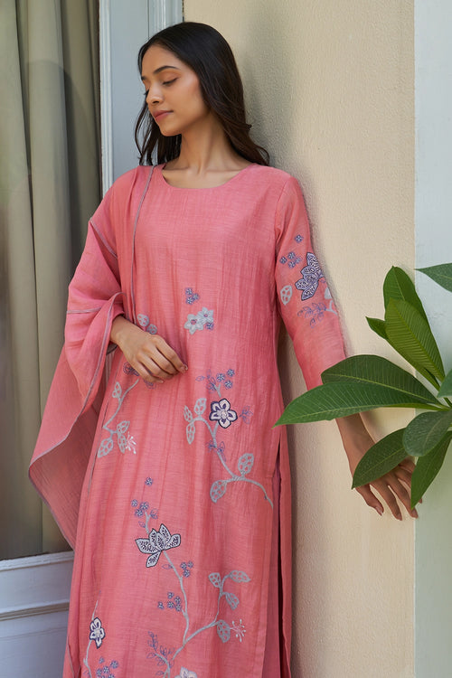 Peony Applique Embroidered Kurta Set