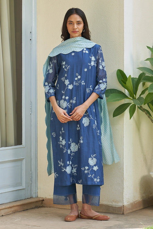 Ocean Blue Applique Kurta Set