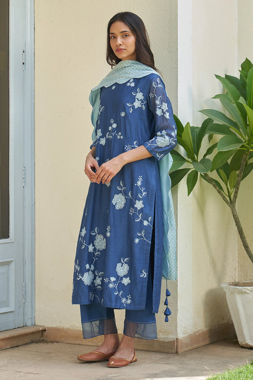 Ocean Blue Applique Kurta Set