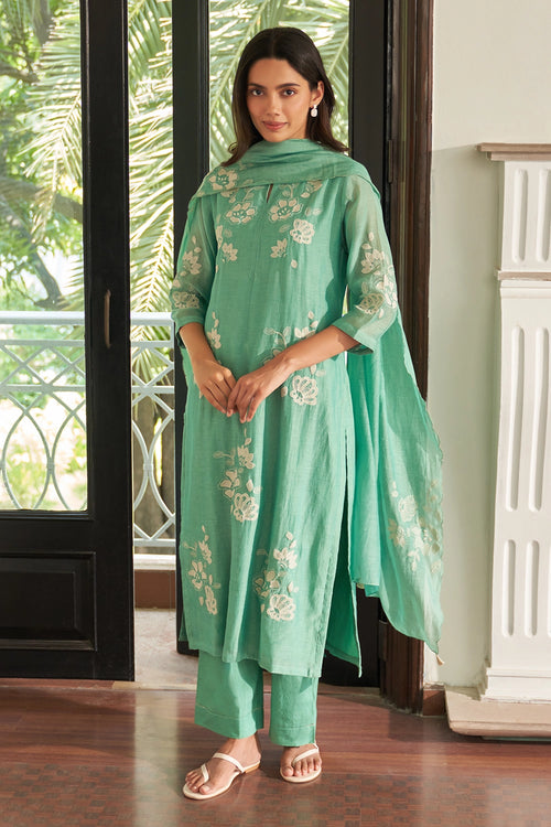 Mint Applique Embroidered Kurta Set