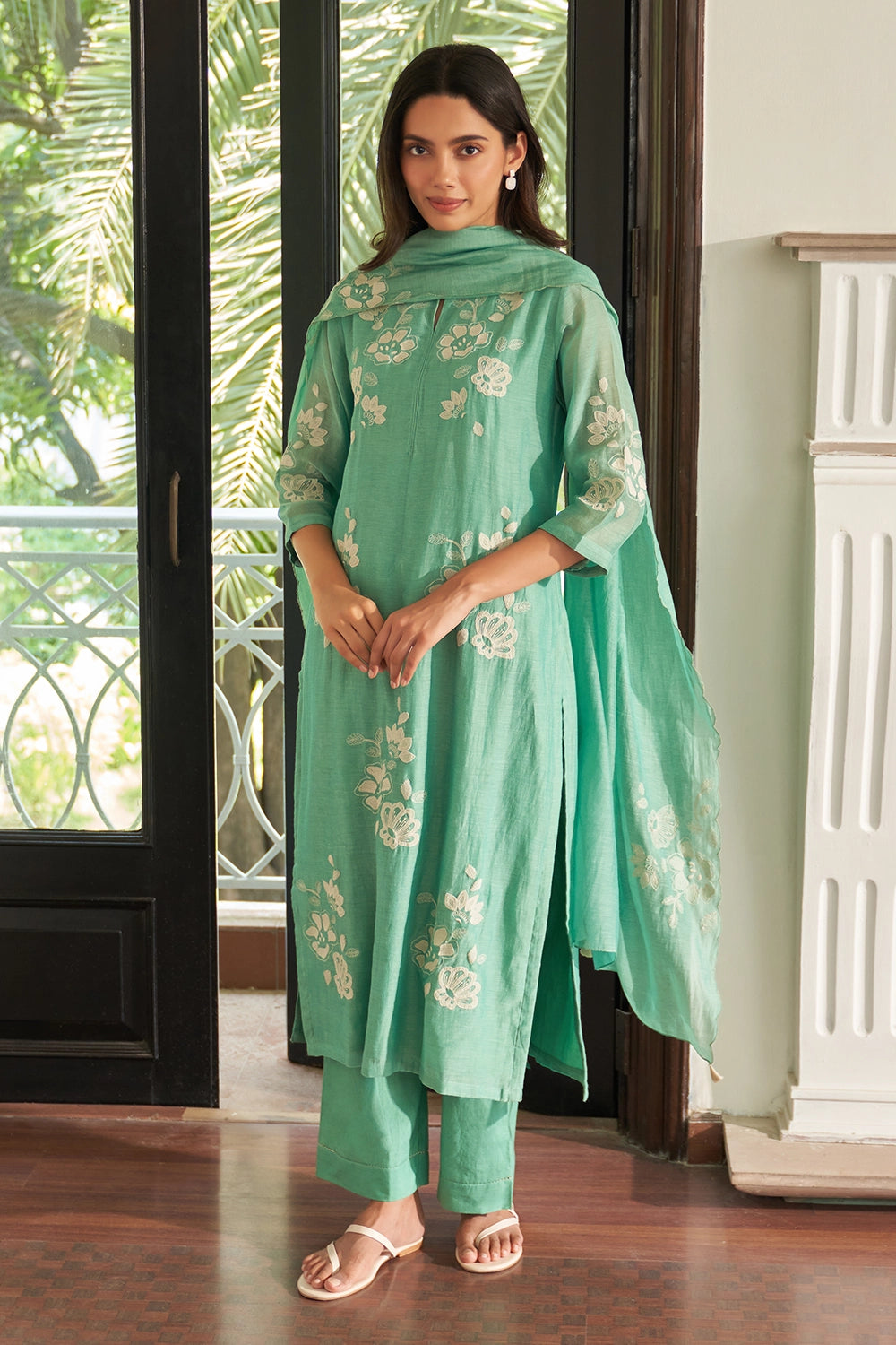Mint Applique Embroidered Kurta Set