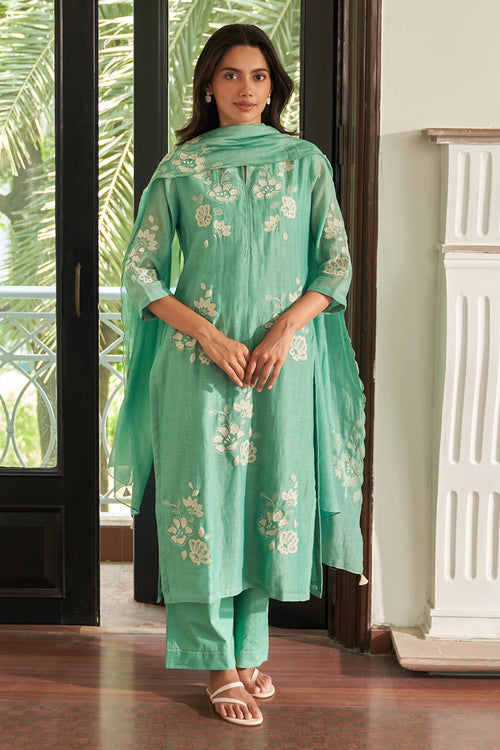Mint Applique Embroidered Kurta Set
