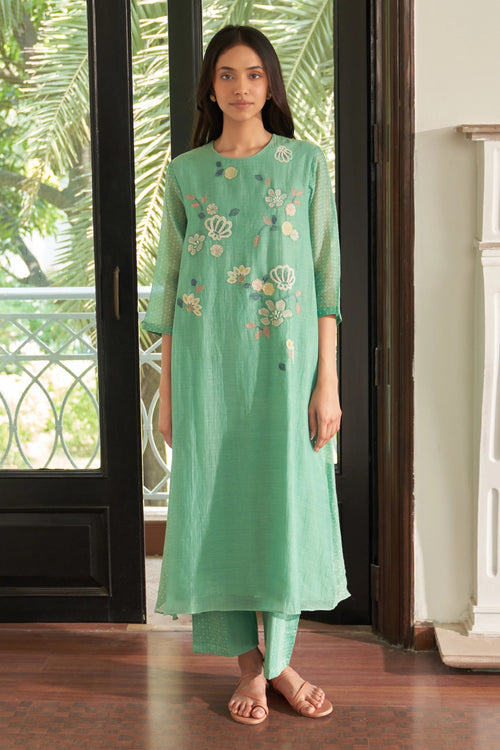 Mint Embroidered Applique Kurta Set