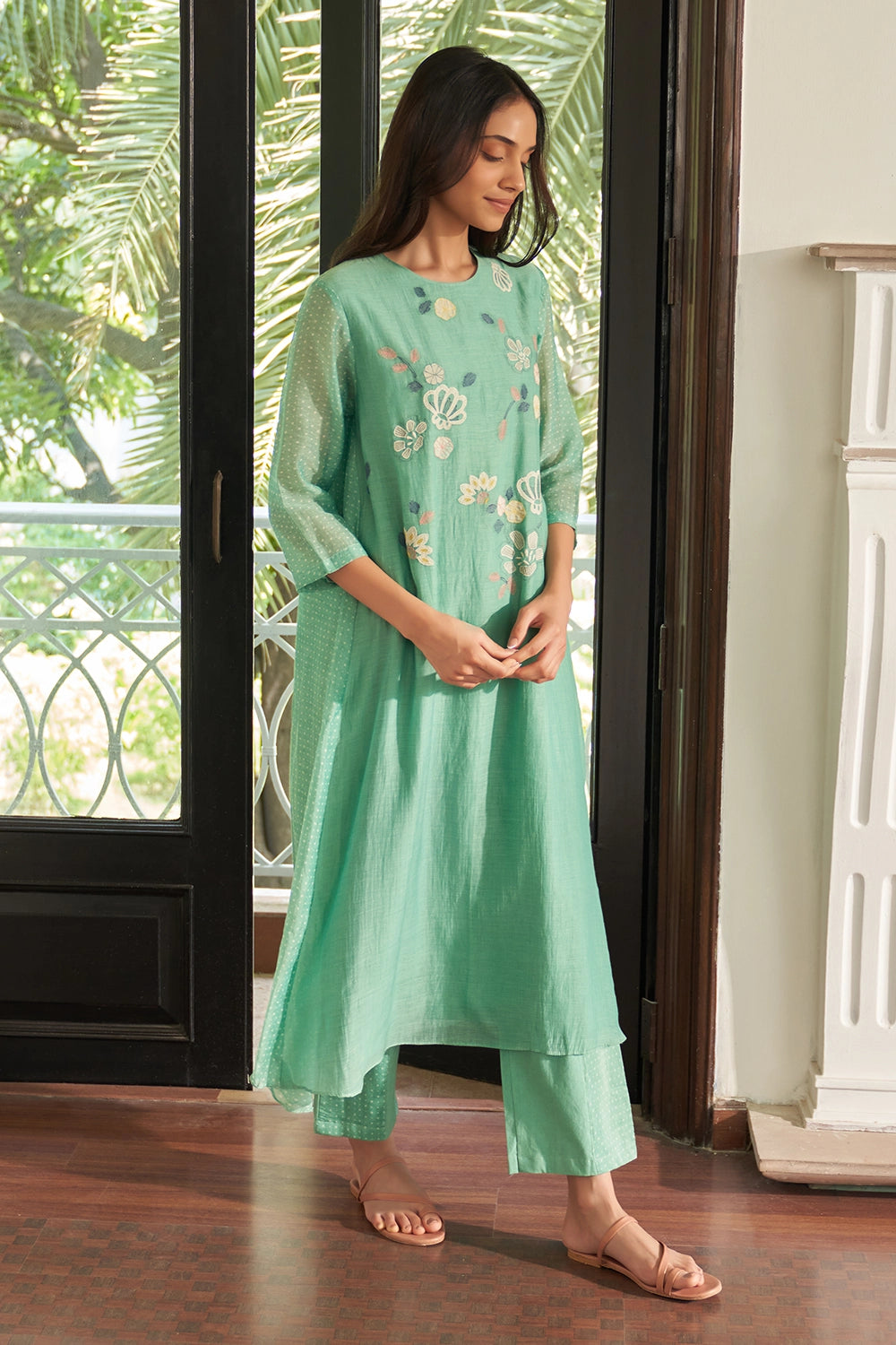 Mint Embroidered Applique Kurta Set