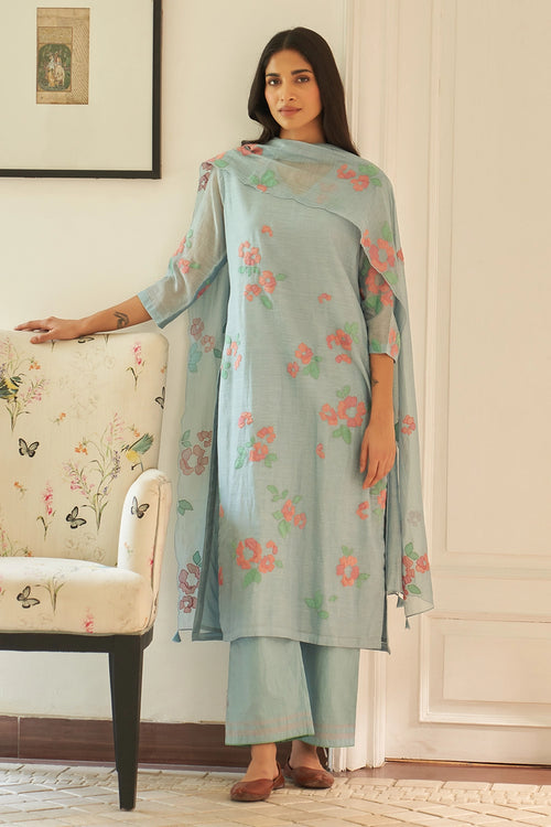 Sky Floral Applique Kurta Set