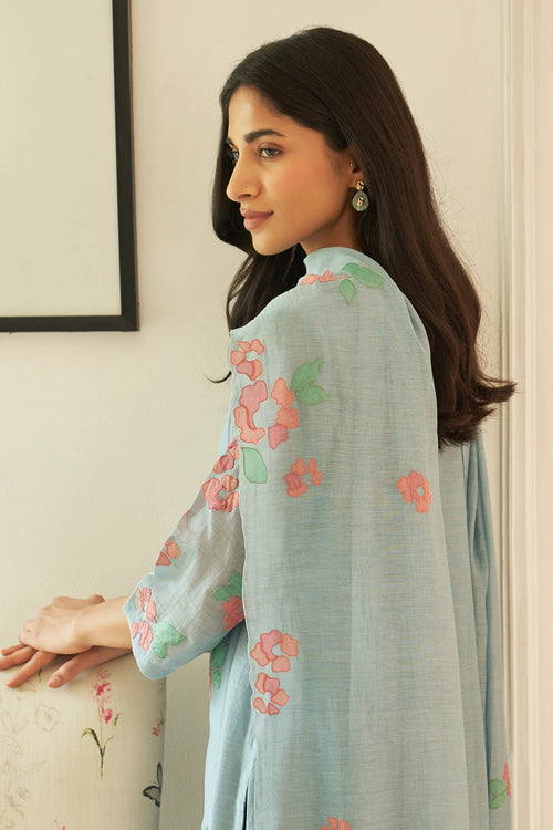 Sky Floral Applique Kurta Set