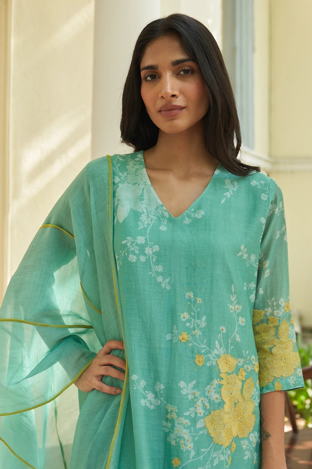 Mint Floral Applique Printed Kurta Set