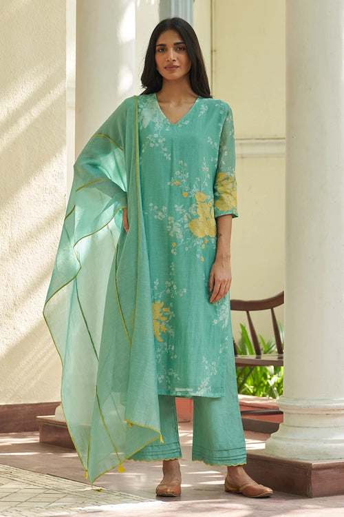 Mint Floral Applique Printed Kurta Set