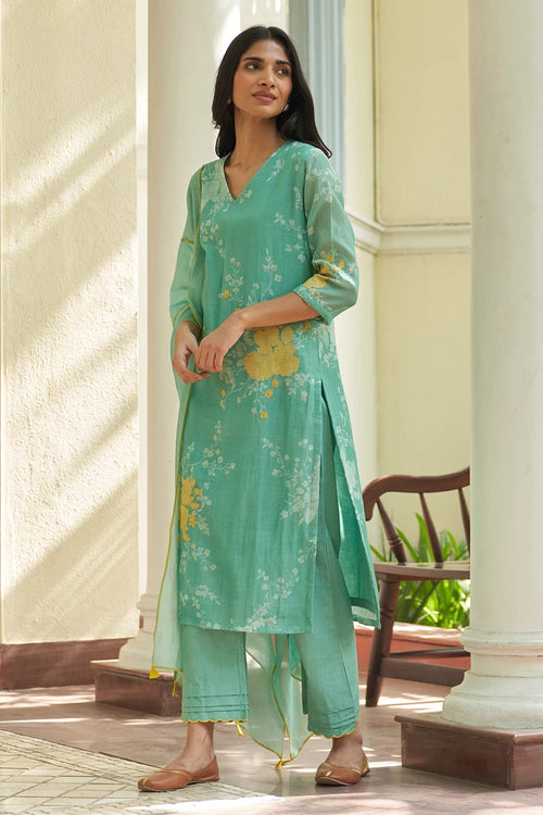Mint Floral Applique Printed Kurta Set