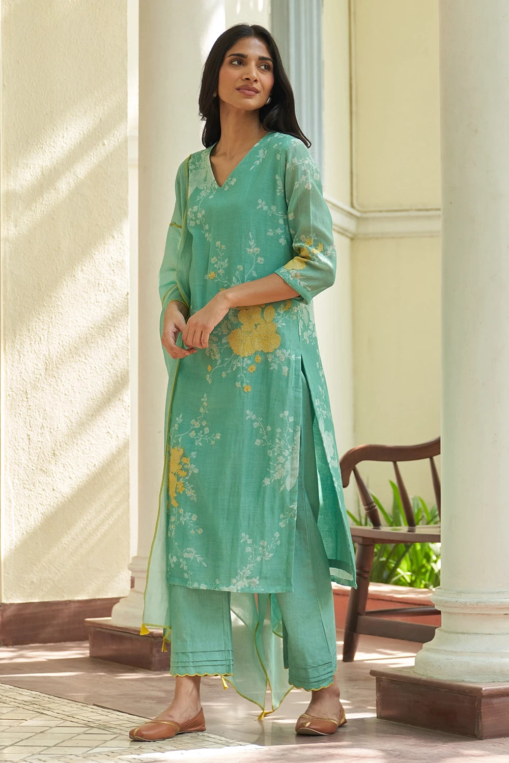 Mint Floral Applique Printed Kurta Set