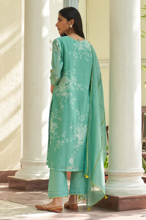 Mint Floral Applique Printed Kurta Set