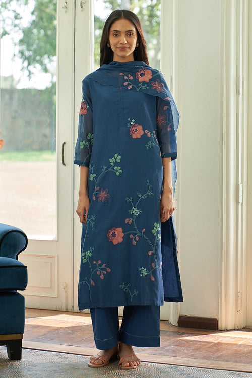 Ocean Blue Floral Applique Kurta Set