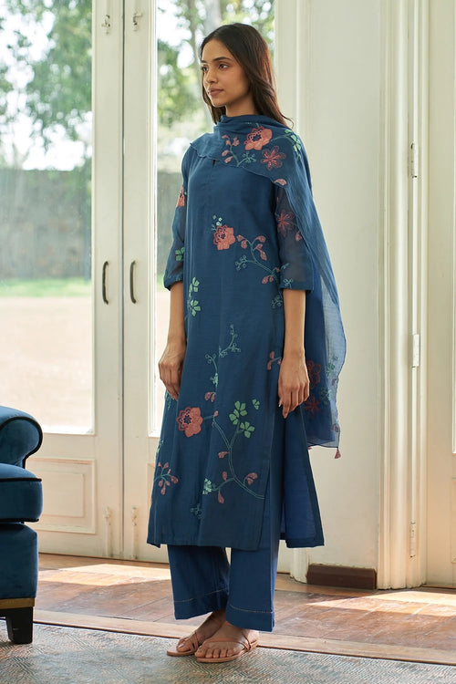 Ocean Blue Floral Applique Kurta Set