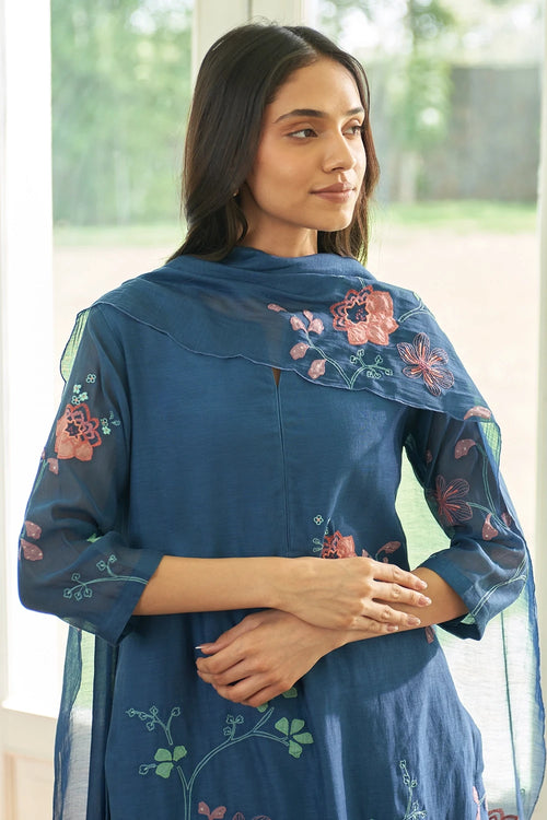 Ocean Blue Floral Applique Kurta Set