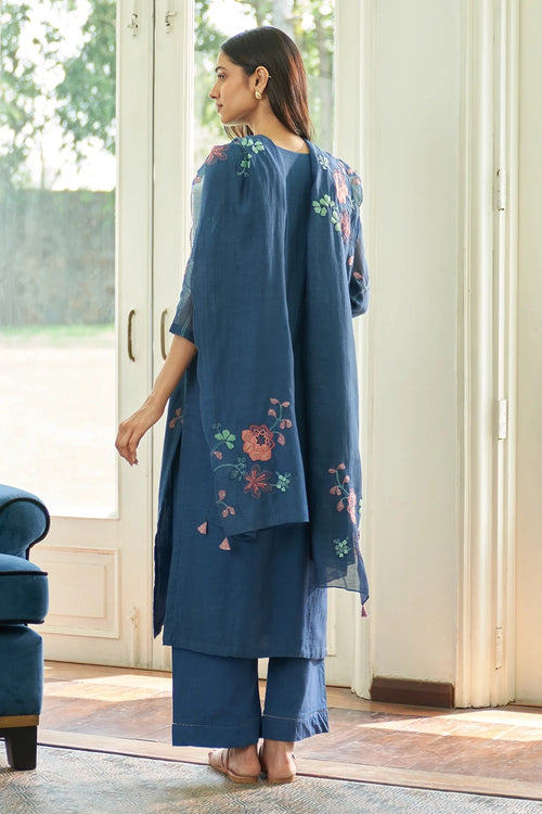 Ocean Blue Floral Applique Kurta Set