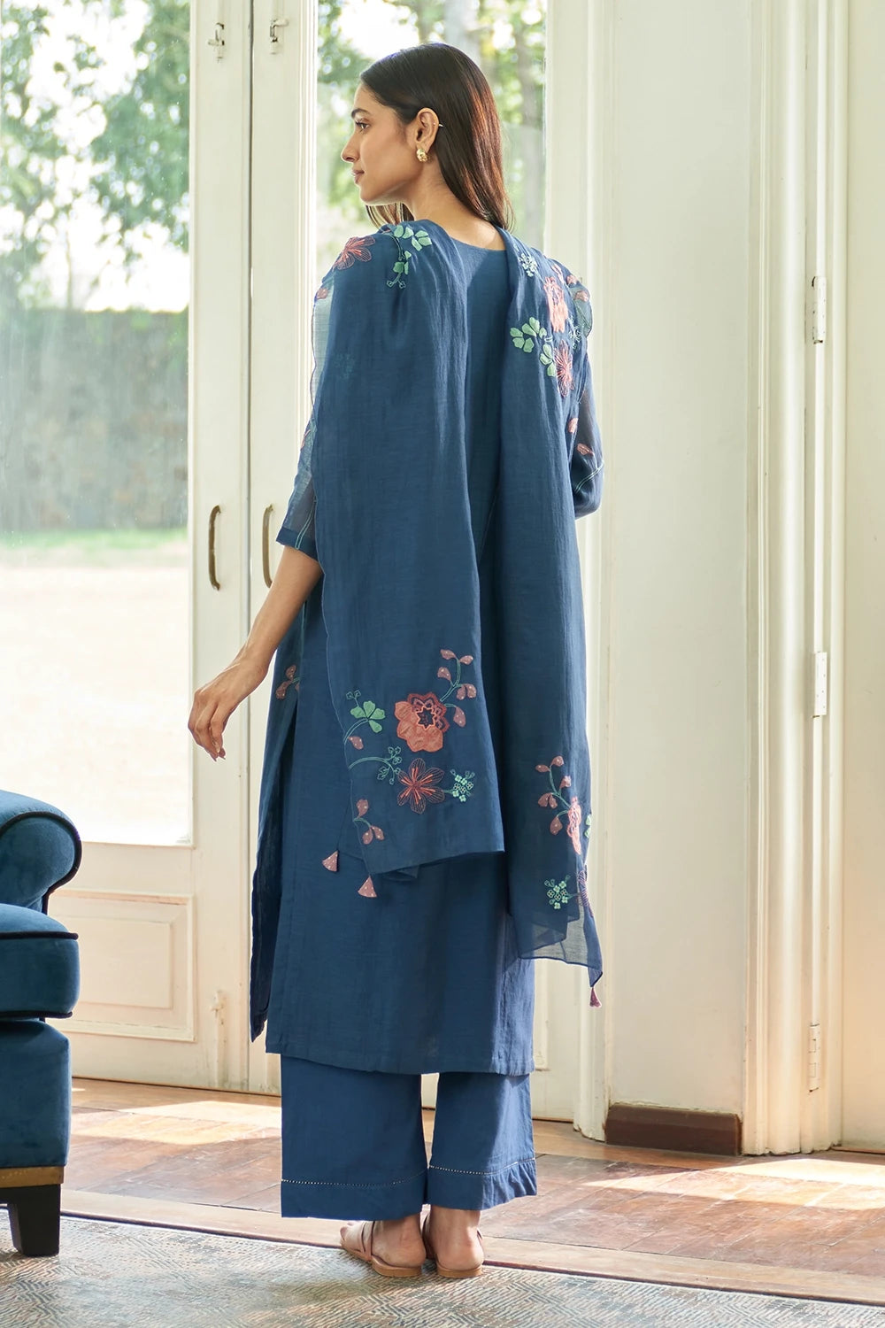 Ocean Blue Floral Applique Kurta Set