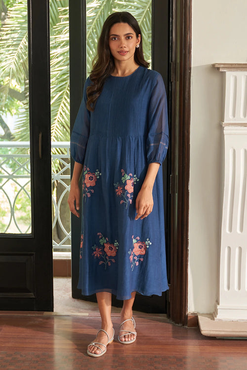 Ocean Blue Pintuck Floral Dress
