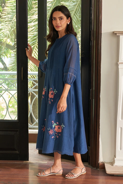 Ocean Blue Pintuck Floral Dress