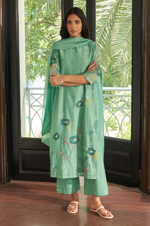 Mint Floral Applique and Threadwork Kurta Set