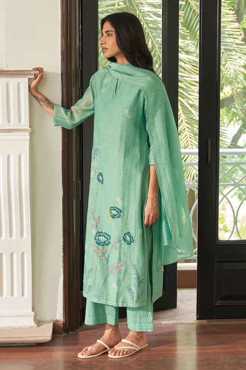 Mint Floral Applique and Threadwork Kurta Set