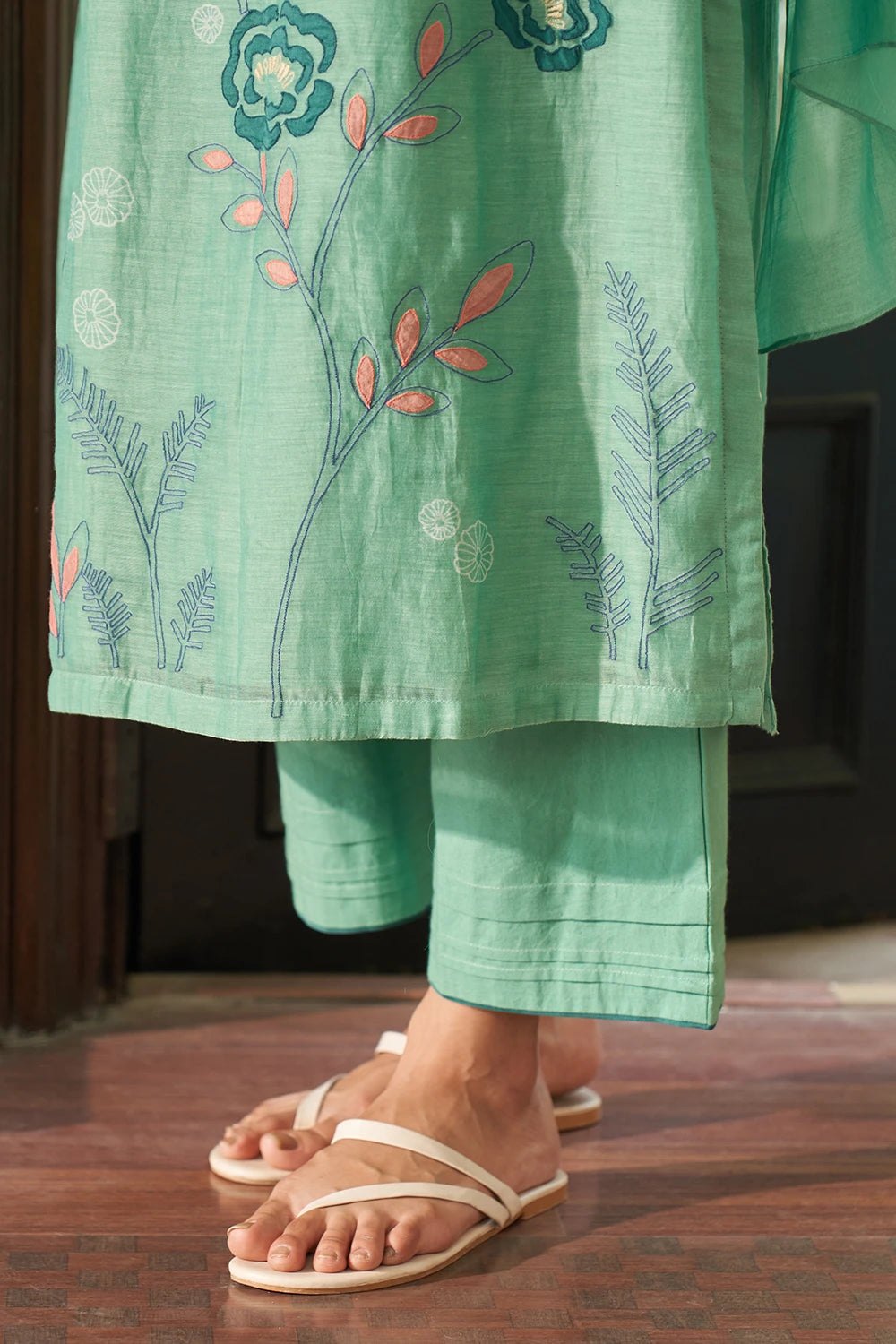 Mint Floral Applique and Threadwork Kurta Set