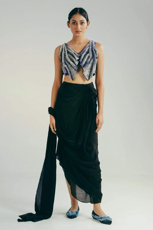 The Smear Bustier and Draped Saree Skirt Set