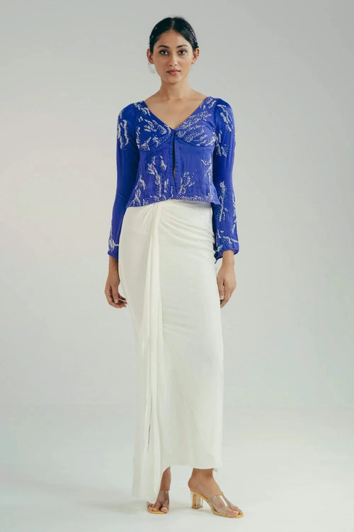 The Droplets Jacket Top and Draped Skirt Set