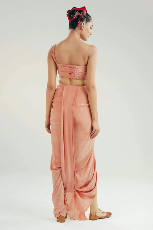 The Dotted One-Shoulder Bustier and Draped Dhoti Skirt Set