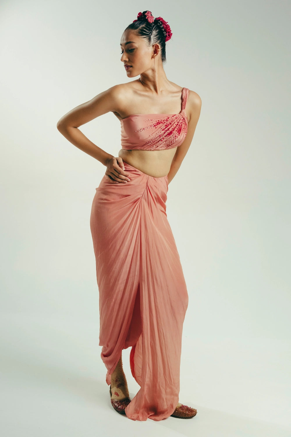 The Dotted One-Shoulder Bustier and Draped Dhoti Skirt Set