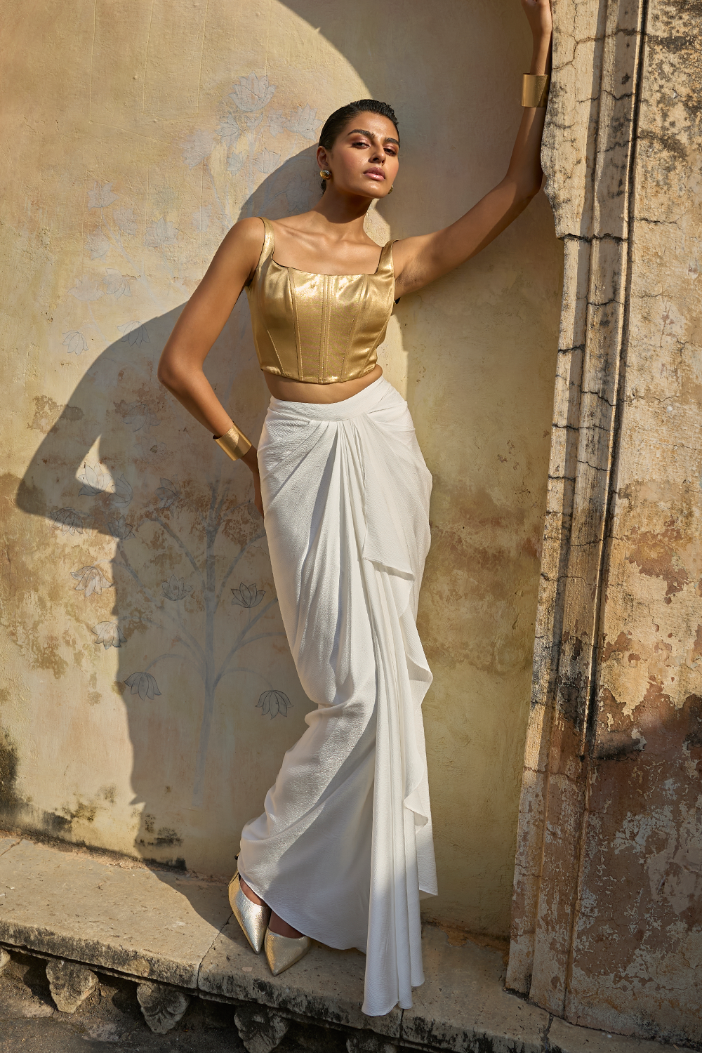 Gold Corset and Ivory Draped Skirt