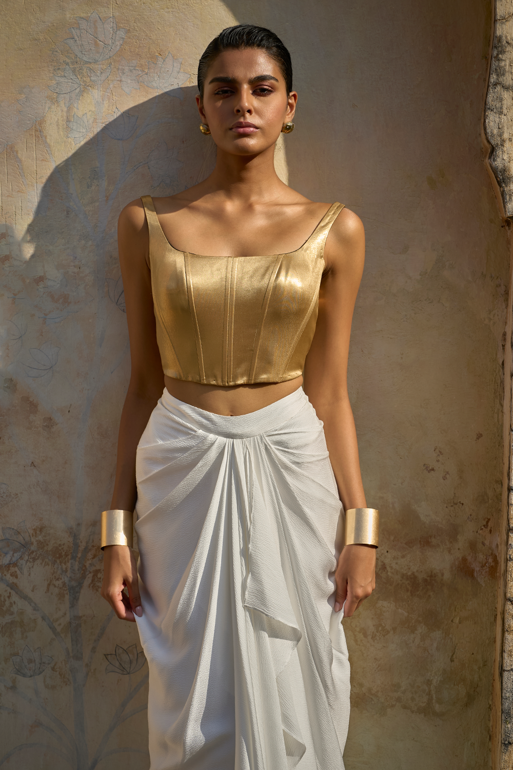 Gold Corset and Ivory Draped Skirt