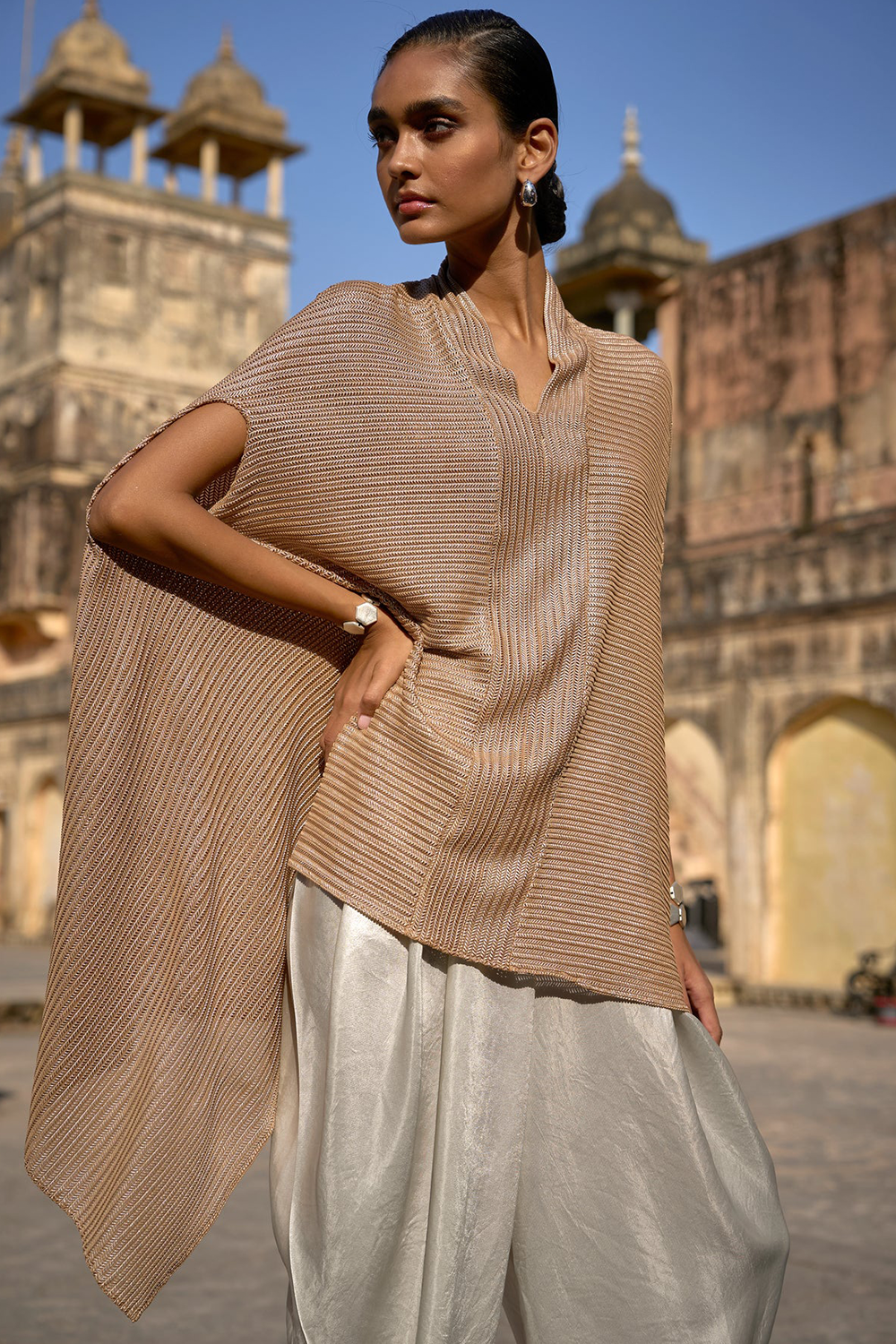 Metallic Lace Top and Ivory Cowled Pant