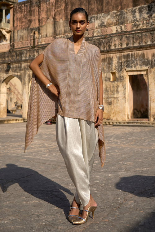 Metallic Lace Top and Ivory Cowled Pant