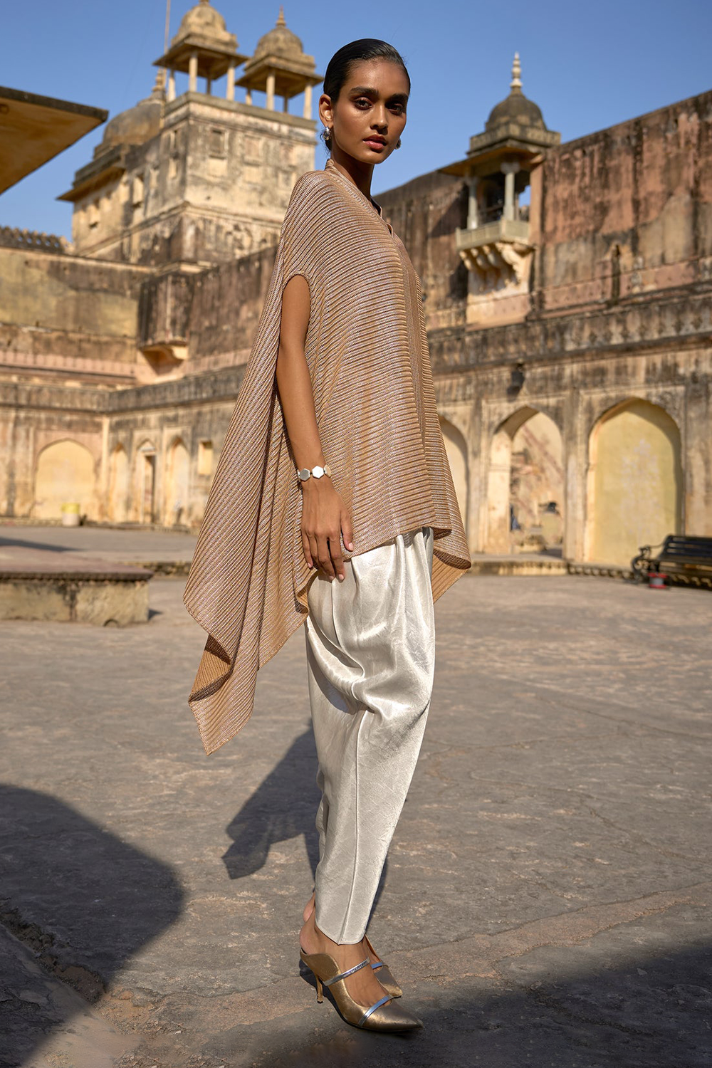 Metallic Lace Top and Ivory Cowled Pant