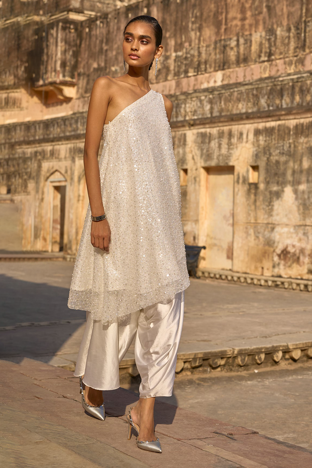 Pearl Embroidered One Shoulder Top and Ivory Culotte