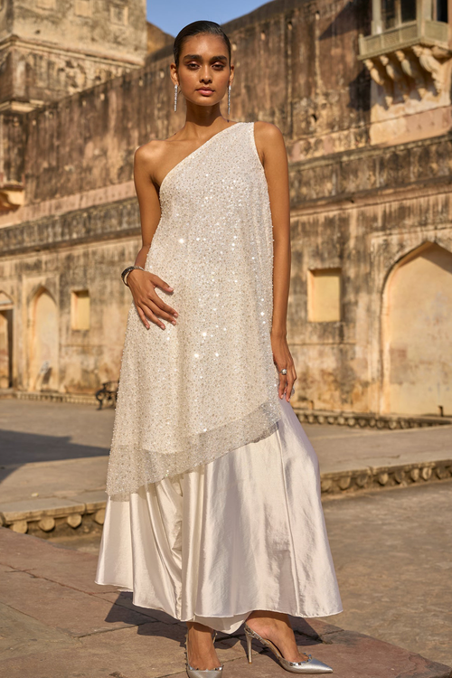 Pearl Embroidered One Shoulder Top and Ivory Culotte