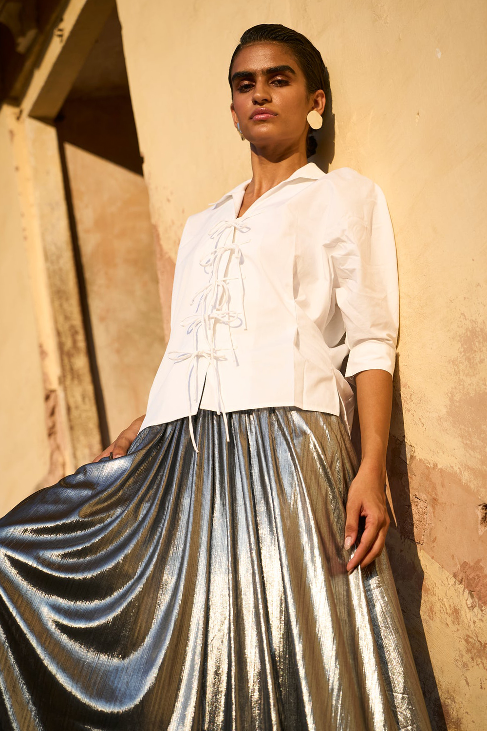 Tie Front Shirt with Fit and Flare Silver Skirt