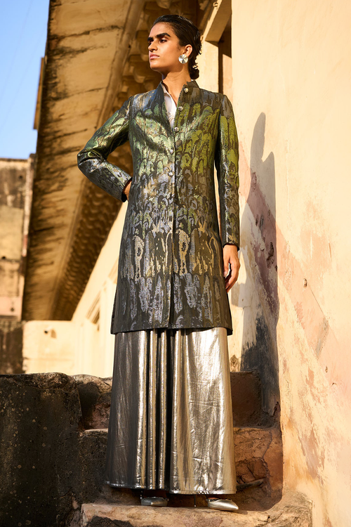 Brocade Jacket with Fit and Flare Silver Skirt