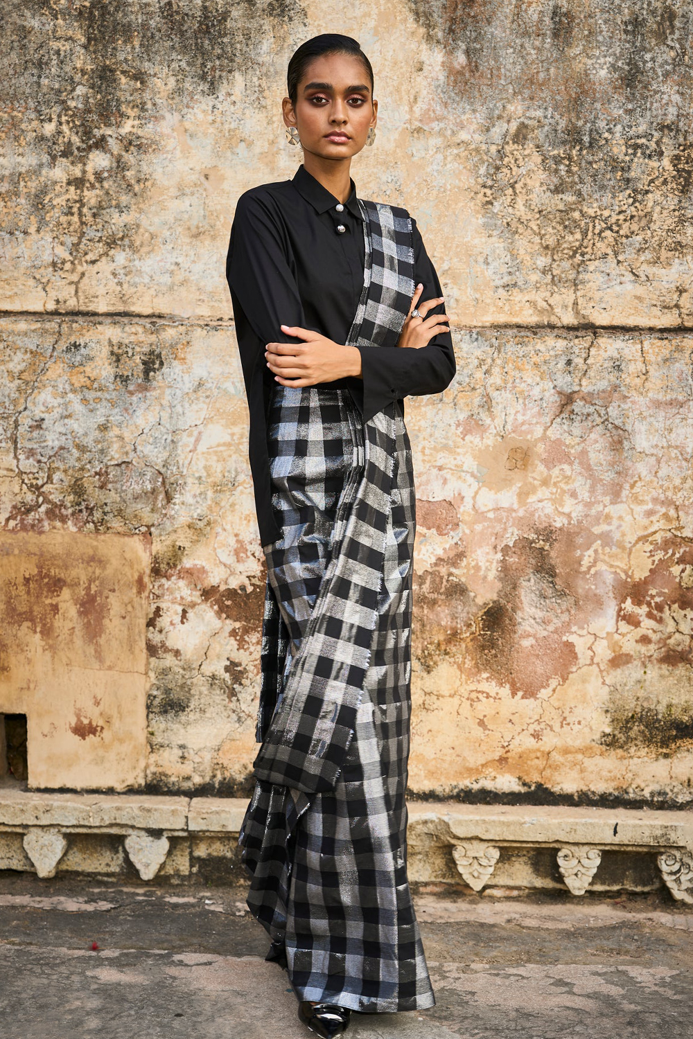 Metallic Check Sari Skirt